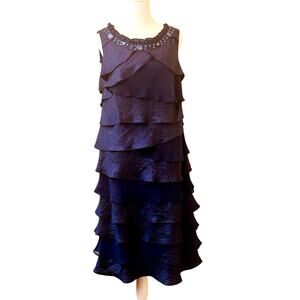S.L. Fashions Navy Tiered Sleeveless Cocktail Dress Jeweled Neckline Size 14W